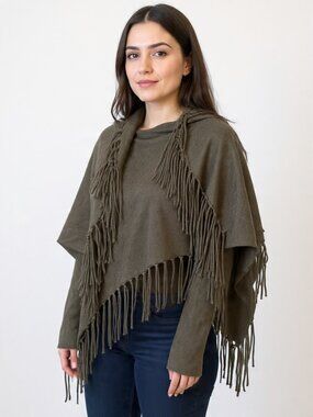 Project 100% Cotton Fringe Poncho Shawl O/S Olive Gray Asymmetrical Boho Wrap